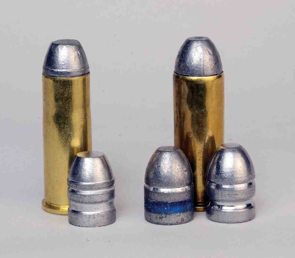 These are Mike’s handloads for his barrel length comparison. At left is a .44-40 with 214-grain bullets from RCBS mould 44-200RN. At right is a .45 Colt with a 233-grain commercially cast bullet and a 252-grain bullet from NEI mould 324.